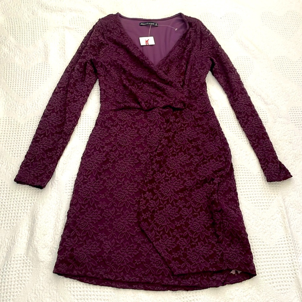 Abercrombie & Fitch Faux Wrap Dress Lace Overlay Long Sleeve Plum Purple Small